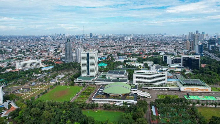 Ilustrasi gedung DPR RI Aerial view of the Indonesia Parliament Complex, which is also known as the DPR or MPR building with Jakarta cityscape. Jakarta, Indonesia
