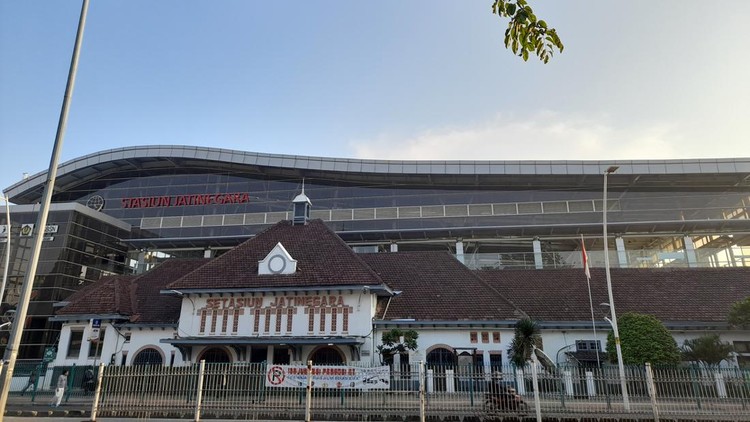 Jakarta, Indonesia - June 27, 2021 : Jatinegara station (stasiun jatinegara in indonesian) landscape photo from a distance