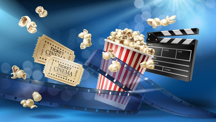 Ilustrasi film bioskop Cinema blue background with 3d realistic objects popcorn, tape, tickets and clapperboard. Vector concept colorful illustration with elements of film industry. Template for ad, poster, presentation