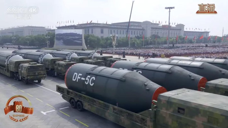 The DF-5C liquid-fueled intercontinental strategic nuclear missile makes debut at China's V-day military parade on September 3&comma; 2025&period; Photo&colon; Screenshot from CCTV News