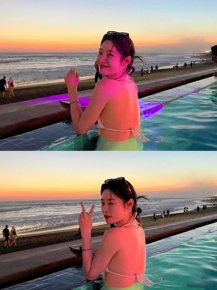 Spot terakhir yang sayang untuk dilewatkan adalah beach club populer. Dalam salah satu potret tampak Jung Chae Yeon bersantai menyaksikan keindahan sunset sembari berenang./ Foto: instagram.com/j_chaeyeoni