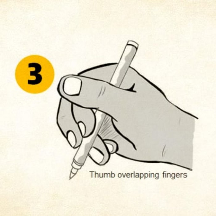 Tes kepribadian cara pegang pulpen. Jika cara pegang pulpen dengan jari jempol bertumpang tindih berarti kamu orang yang protektif./Foto: Dok. The Minds Journal