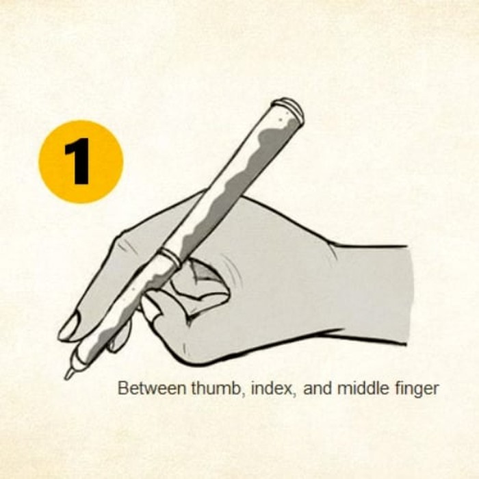 Tes kepribadian cara pegang pulpen. Jika cara pegang pulpen di antara ibu jari, telunjuk dan jari tengah berarti kamu orang yang bisa diandalkan./Foto: Dok. The Minds Journal