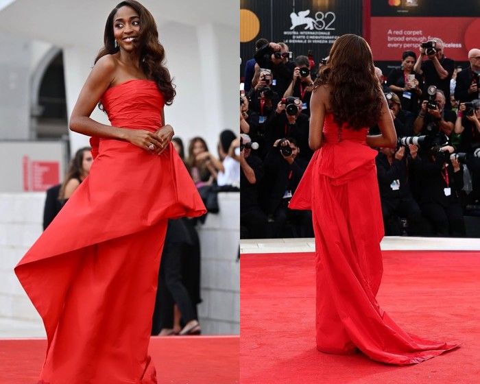 Ayo Edebiri di Venice Film Festival 2025. Ia mengenakan gaun karya Chanel.