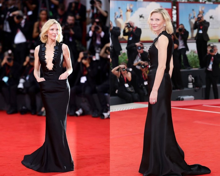 Cate Blanchett di Venice Film Festival 2025. Ia mengenakan gaun karya Armani Privé.