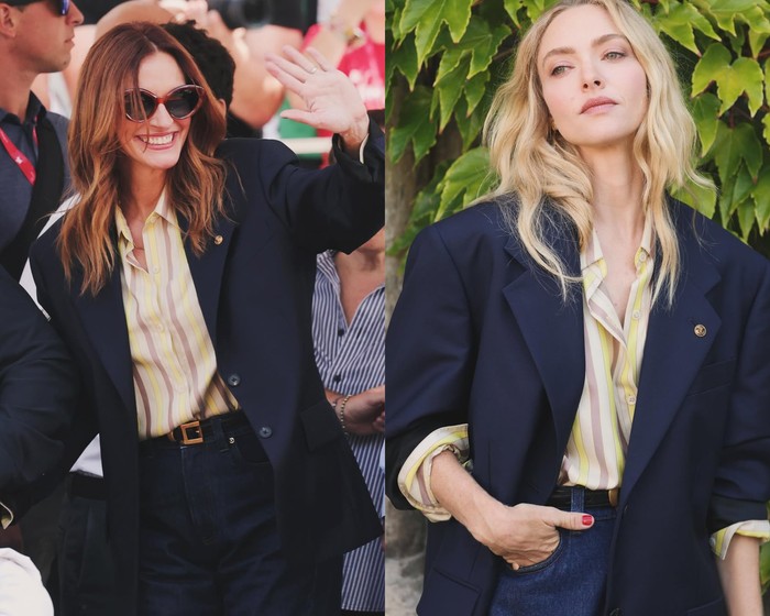 Julia Roberts dan Amanda Seyfried di Venice Film Festival 2025. Keduanya sama-sama mengenakan busana dari Versace.