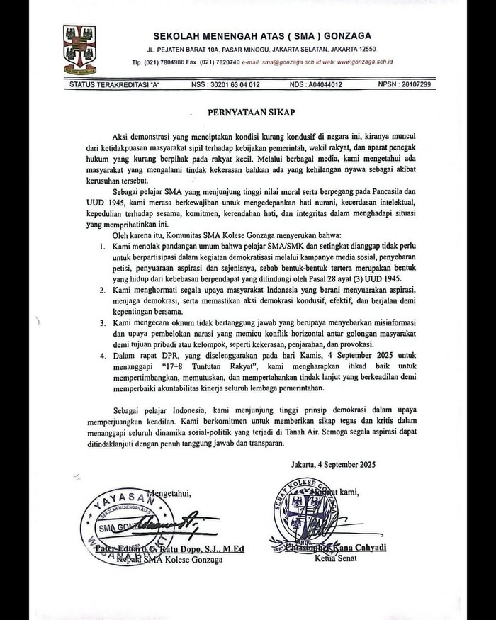 Pernyataan Sikap SMA Kolese Gonzaga