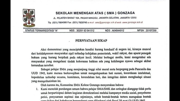 Pernyataan Sikap SMA Kolese Gonzaga