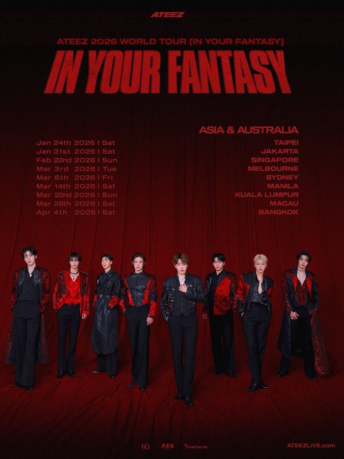 ATEEZ belum lama ini sukses merampungkan konser di beberapa negara Amerika Serikat hingga akhirnya terbang ke Saitama, Nagoya, serta Kobe pada bulan September dan Oktober ini.

Setelah menyelesaikan konser di Jepang, pelantun ‘Lemon Drop’ tersebut bakal melanjutkan tur Asia dan Australia dengan dibuka di Taipei pada 24 Januari 2026. Adapun Jakarta menjadi tempat pemberhentian kedua yang bakal dikunjungi ATEEZ pada Sabtu, 31 Januari 2026 mendatang.