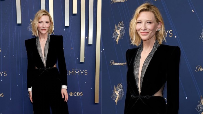 Cate Blanchett hadiri Emmy Awards 2025. Ia mengenakan jumpsuit dari Giorgio Armani Privé.