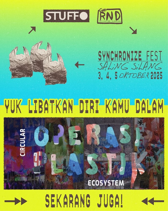 gerakan #GreenMovement, Synchronize Fest berkolaborasi bareng Stuffo Labs. Kolaborasi ini akan menghadirkan karya instalasi dari plastik kantong kresek sebesar 25x6 meter. Karena itulah, Stuffo Labs membutuhkan donatur sampah plastik untuk diupcycle.