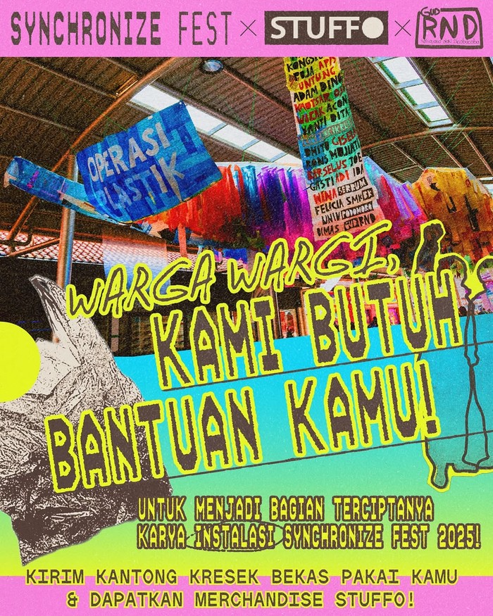 gerakan #GreenMovement, Synchronize Fest berkolaborasi bareng Stuffo Labs. Kolaborasi ini akan menghadirkan karya instalasi dari plastik kantong kresek sebesar 25x6 meter. Karena itulah, Stuffo Labs membutuhkan donatur sampah plastik untuk diupcycle.