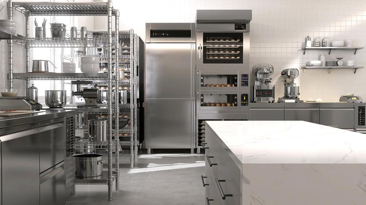 Empty clean white marble top island table in commercial, professional bakery kitchen with stainless steel convection, deck oven, freezer, refrigerator, shelf, cabinet, equipment for industrial restaurant cooking, food, drink product display background 3D