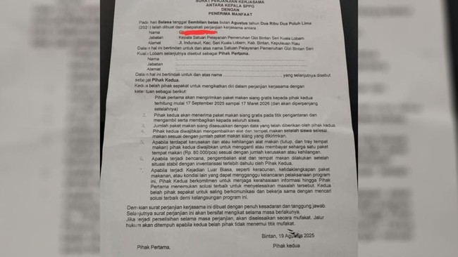 Surat perjanjian antara SPPG dengan SD di Kab. Bintan, Kep. Riau untuk merahasiakan insiden keracunan pada Program Makan Bergizi Gratis (MBG) terungkap.