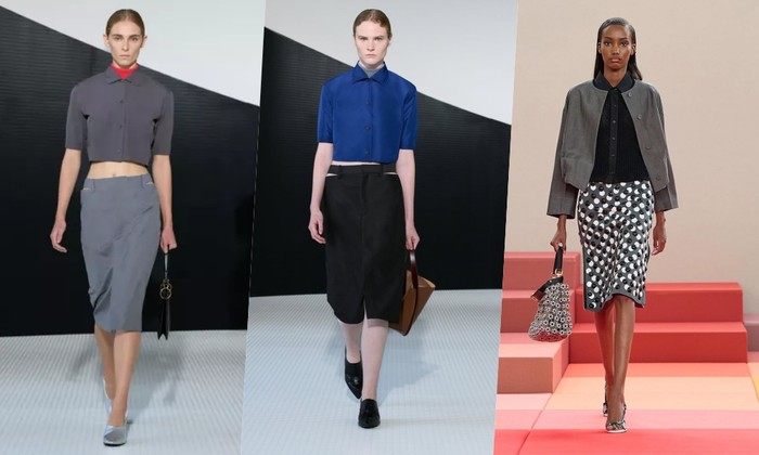 Estetika The Librarian jadi tren baru di Milan Fashion Week 2026 dengan cardigan mungil, rok pensil, kacamata retro, dan heels feminin yang sensual/Foto: Instagram/jilsander/fendi