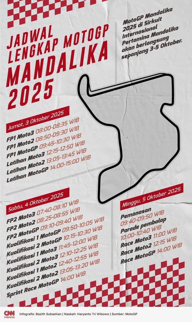 MotoGP Mandalika 2025 di Sirkuit Pertamina Mandalika akan berlangsung sepanjang 3-5 Oktober. Berikut jadwal lengkap MotoGP Mandalika 2025.