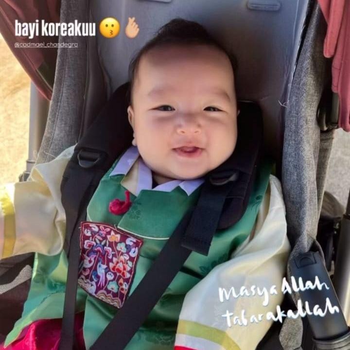 <p>Si Kecil juga tak mau kalah nih, Bunda. Ia ikut mengenakan hanbok berwarna hijau dan merah, dengan pipi <em>chubby</em>-nya&nbsp;yang membuat warganet gemas. &ldquo;Bayi Koreaku,&rdquo; tulis Dea Sahirah lewat Instagramnya. (Foto: Instagram @chand_kelvin)</p>