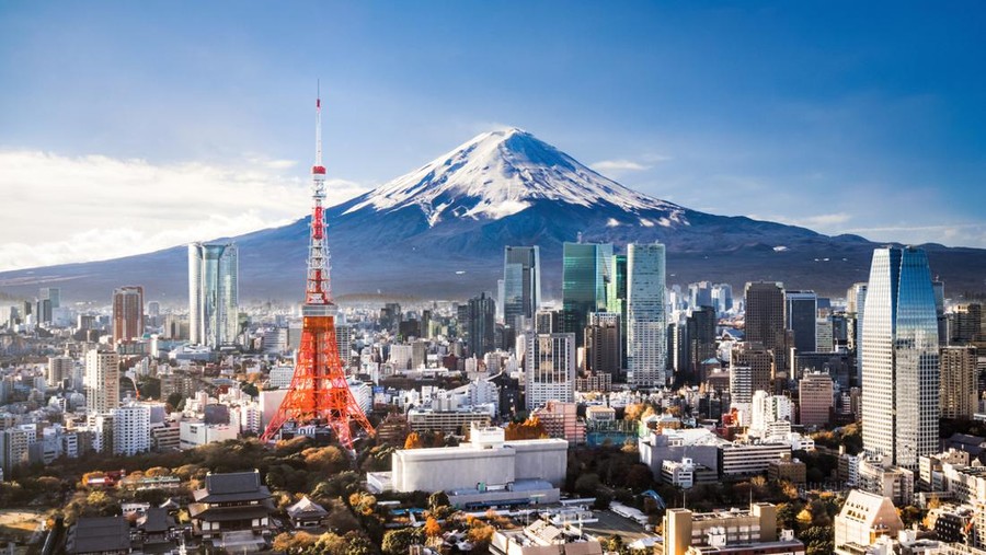 Aerial view of Mt&period; Fuji&comma; Tokyo Tower and modern skyscrapers in Tokyo on a sunny day&period;