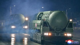 This picture taken on October 10, 2025 and released from North Korea's official Korean Central News Agency (KCNA) on October 11, 2025 shows the Hwasong-20, a new intercontinental ballistic missile (ICBM), during the military parade to celebrate the 8