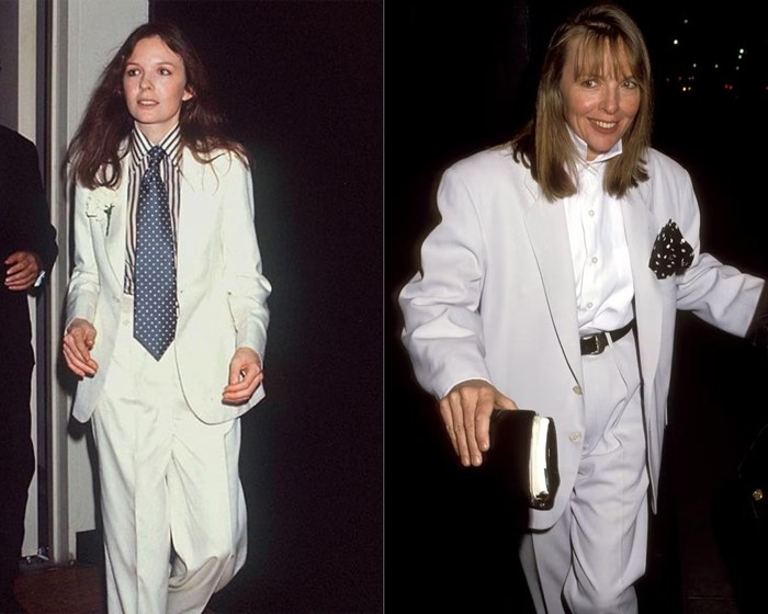 Penampilan Diane Keaton mengenakan setelan jas. Busana maskulin lebih fun dengan styling.