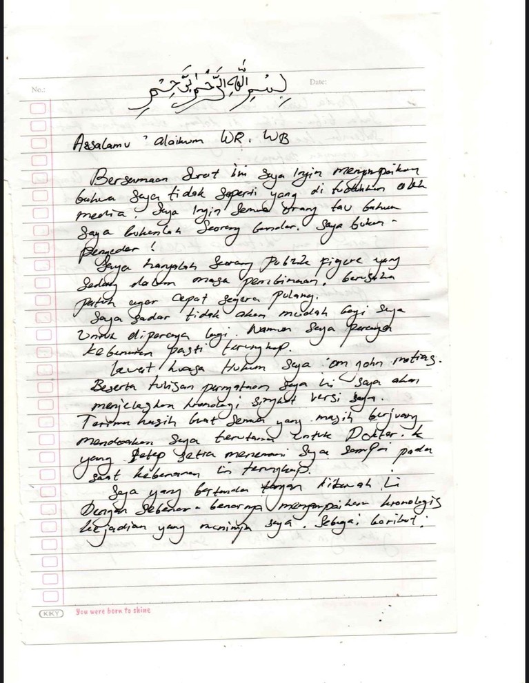 Ammar Zoni Surat dari Ammar Zoni sebelum dipindah ke Nusakambangan.