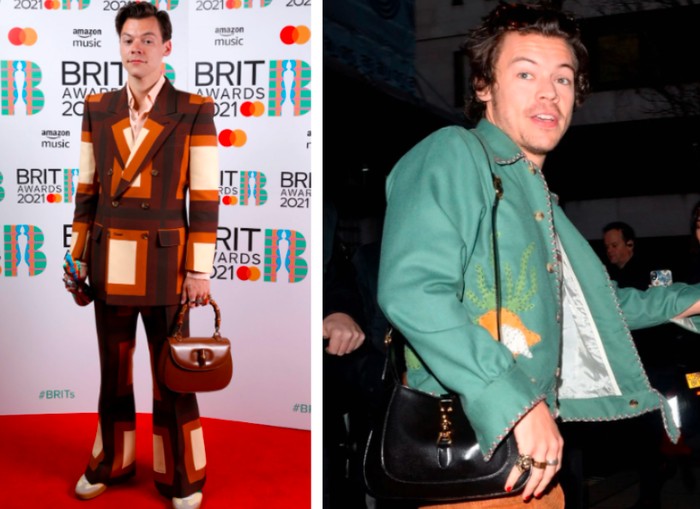 Harry Styles menggunakan koleksi tas perempuan Gucci/Foto: telegraph.co.uk/justjared.com