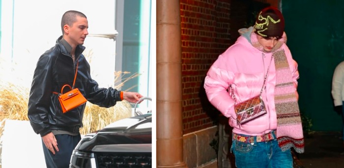 Timothée Chalamet mengenakan Hermès Mini Kelly oranye dan Chanel flap bag/Foto: vogue.com/x.com/chxlametcinema