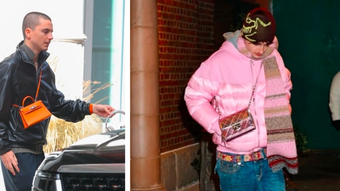 Timothée Chalamet mengenakan Hermès Mini Kelly oranye dan Chanel flap bag/Foto: vogue.com/x.com/chxlametcinema