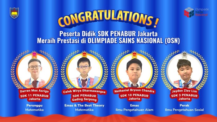 Melalui Persaingan Sengit Mengalahkan Tiga Ratus Ribu Pelajar Dari 38 Provinsi, Empat Siswa Dari SDK PENABUR Jakarta Berhasil Membawa Pulang Medali Kemenangan