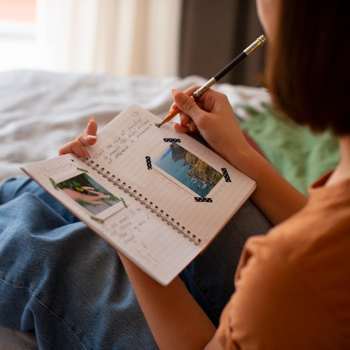 Menulis jurnal mingguan bisa menjadi cara sederhana untuk menenangkan diri semacam memberi jeda kecil di akhir pekan, mulai dari menulis tentang apa yang kamu alami selama seminggu terakhir atau tulis semua list yang ingin kamu lakukan di masa depan.