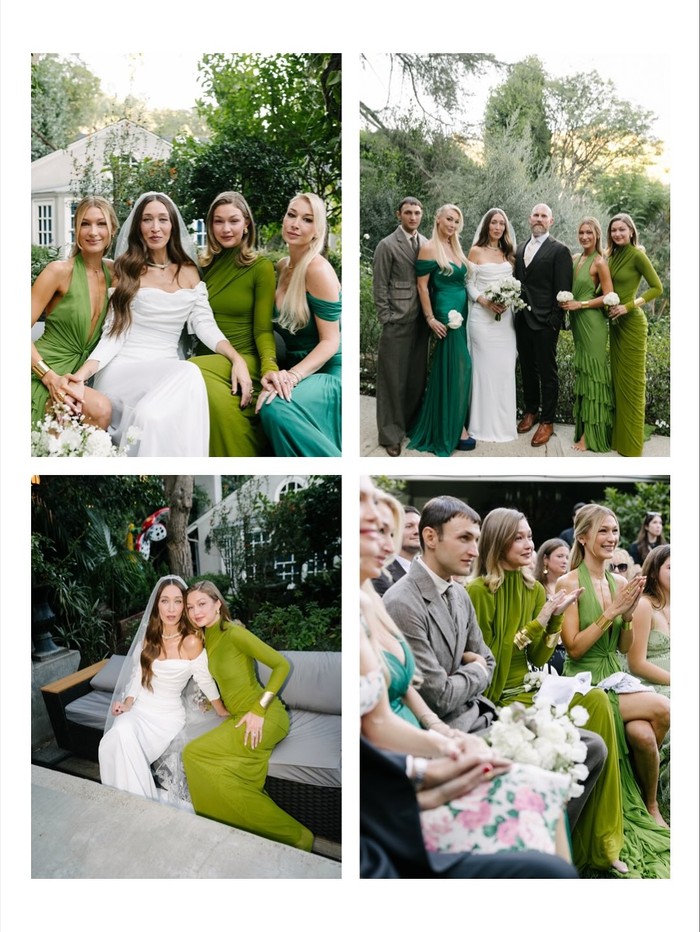 Potret pernikahan Alana Hadid. Gigi dan Bella sama-sama mengenakan gaun bridesmaid warna hijau.