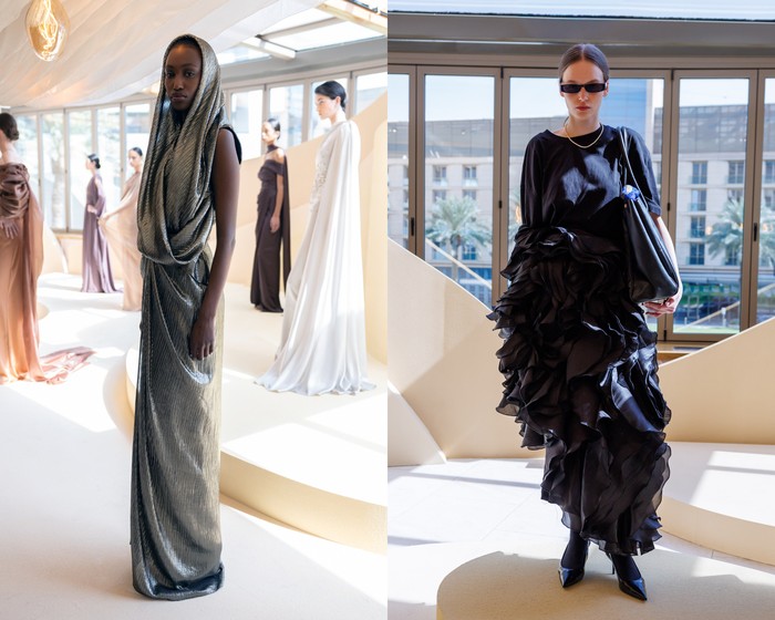 Riyadh Fashion 2025 tampilkan 16 desainer Arab Saudi. Berikut koleksi karya label Manel (kiri) dan Realself (kanan).