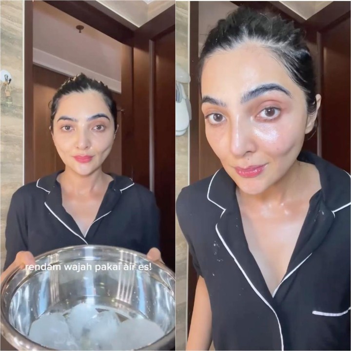 <p>Ashanty juga merendam wajahnya di air es sebelum menggunakan <em>skincare</em> untuk <em>makeup</em>. Proses perendaman wajah di es ini biasa dilakukan perempuan untuk meredakan peradangan dan menyegarkan kulit wajah. (Foto: Instagram @ashanty_ash)</p>