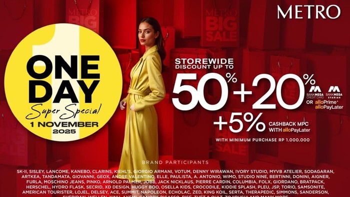 Metro Department Store One Day Super Special. Ada promo 50% + 20% dengan syarat dan ketentuan.