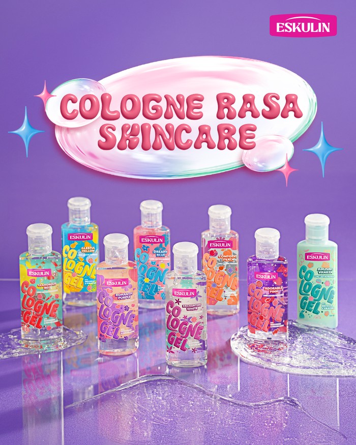 New Eskulin Cologne Gel. Inovasi terbaru cologne bertekstur gel dengan manfaat skincare hyaluronic acid dan aloe vera.