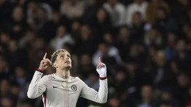 Chelsea's Argentinian midfielder #19 Alejandro Garnacho celebrates after scoring the team's second goal during the UEFA Champions League league phase football match between Qarabag and Chelsea at the Tofiq Bahramov Republican Stadium in Baku on Novem