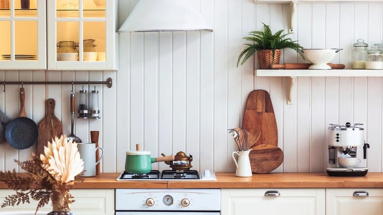 Kitchen scandi interior banner. Interior style is cosy and scandinavian