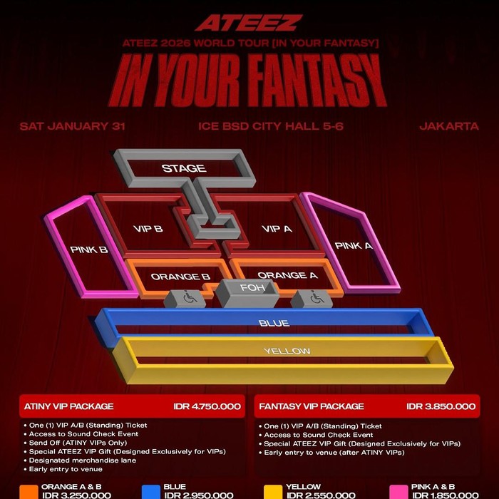 Dua bulan menjelang konser, promotor belum lama ini merilis detail harga tiket konser ATEEZ yang terdiri dari enam kategori, namun belum termasuk pajak pemerintah 10%, pajak platform 6%, dan biaya lainnya.