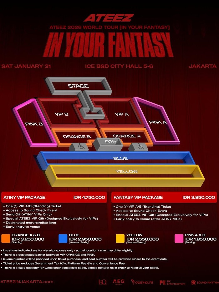 Dua bulan menjelang konser, promotor belum lama ini merilis detail harga tiket konser ATEEZ yang terdiri dari enam kategori, namun belum termasuk pajak pemerintah 10%, pajak platform 6%, dan biaya lainnya.