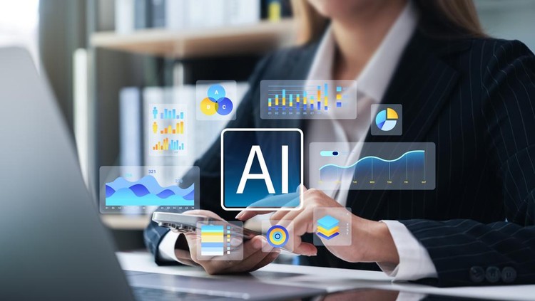 Businesswomen leverage artificial intelligence to analyze market data to identify target audiences and business growth trends, crafting effective marketing strategies and gaining a competitive edge.