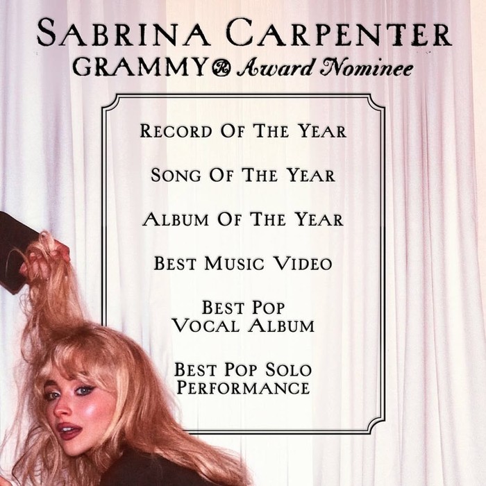 Sabrina Carpenter amankan 6 nominasi Grammy 2026. Mulai dari Record of The Year, Song of The Year, hingga Album of The Year.