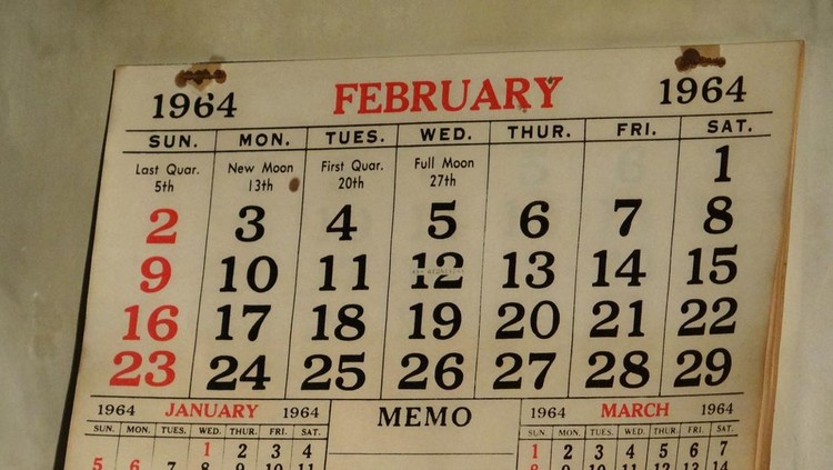 Unmarked calendar page from February 1964.