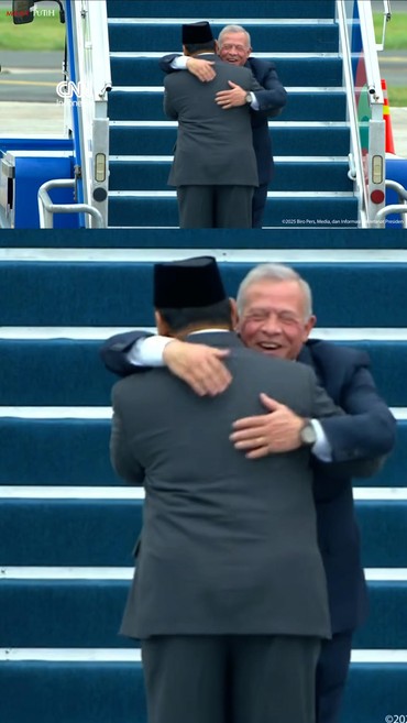 Momen Raja Yordania Abdullah II Dipeluk Prabowo saat Tiba di Jakarta