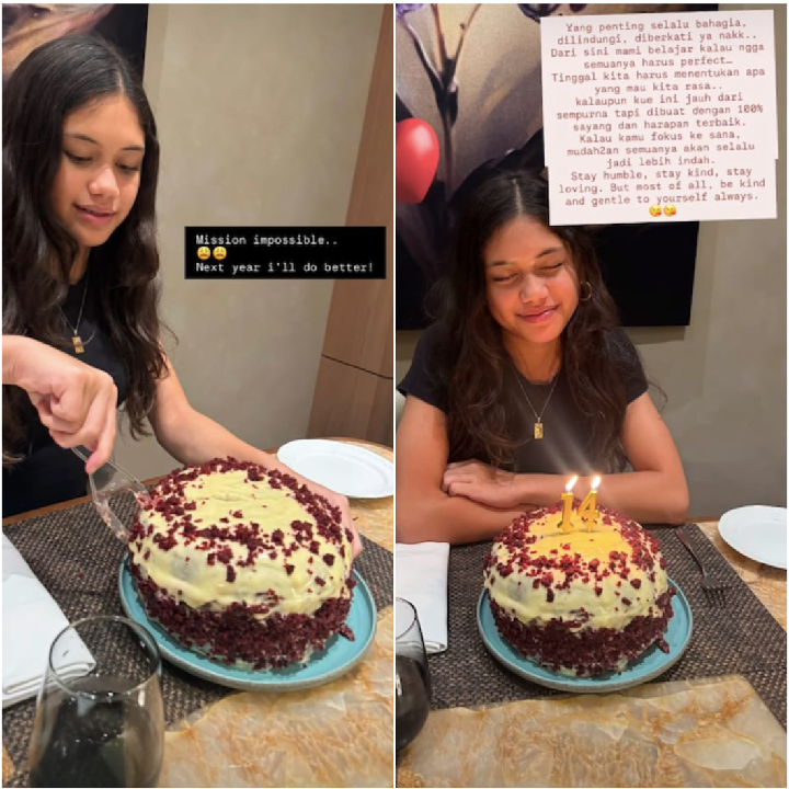 <p>Kue ulang tahun buatan Nana tampaknya tidak sesuai dengan ekspektasi resep. Meski begitu, Nana menganggapnya sebagai hal yang positif. "Yang penting selalu bahagia dilindungi, diberkati ya nakk.. Dari sini mami belajar kalau engga semuanya harus <em>perfect</em>.. Tinggal kita harus menentikan apa yang mau kita rasa.. Kalaupun kue ini jauh dari sempurna, tapi dibuat dengan 100% sayang dan harapan terbaik. Kalau kamu fokus ke sana, mudah-mudahan semuanya akan selalu jadi lebih indah. <em>Stay humble, stay kind, stay loving. But most of all, be kind and gentle to yourself always</em>," tulis Nana. (Foto: Instagram @andrew.white._/ @nanamirdad_)</p>