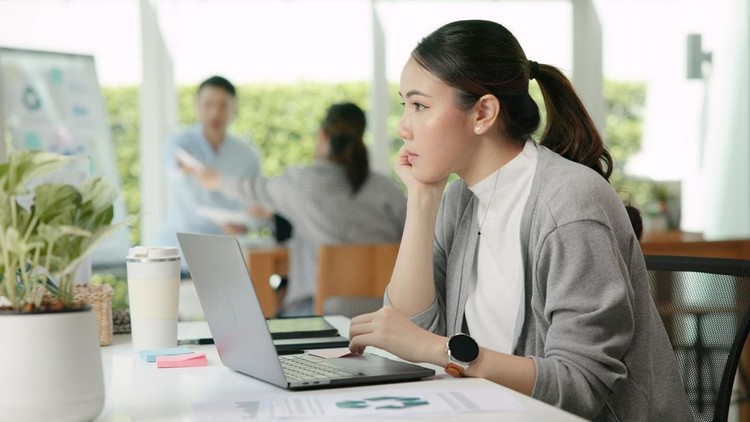 Asia people young adult woman bad day work hard bored data tired at office desk workplace think worry job tough stress asian workforce issue. Mid life crisis mental health illness sad labor effort.
