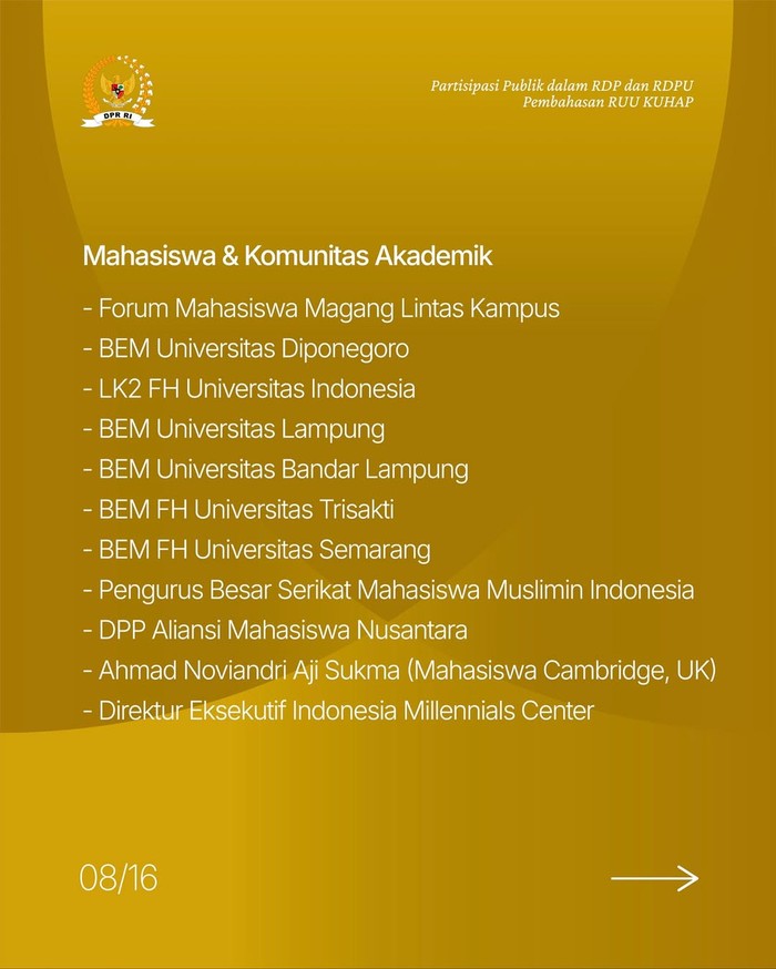 DPR RI rilis daftar partisipan dalam RDP dan RDPU pembahasan RUU KUHAP. Sejumlah pihak mengaku tidak terlibat.