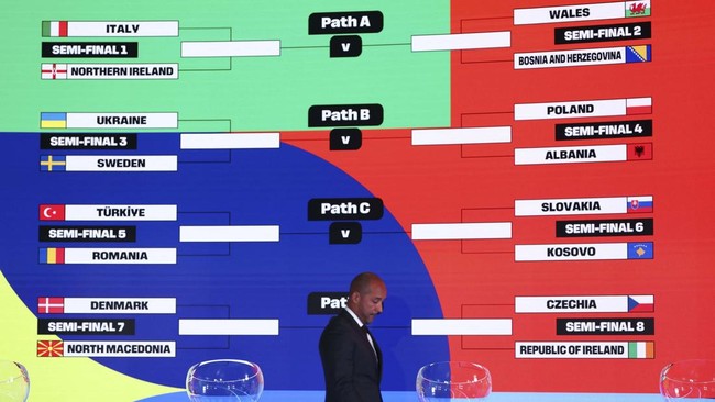 Drawing playoff Piala Dunia 2026 rampung digelar di Zurich, Swiss, Kamis (20/11). Italia bakal berhadapan dengan Irlandia Utara di semifinal.