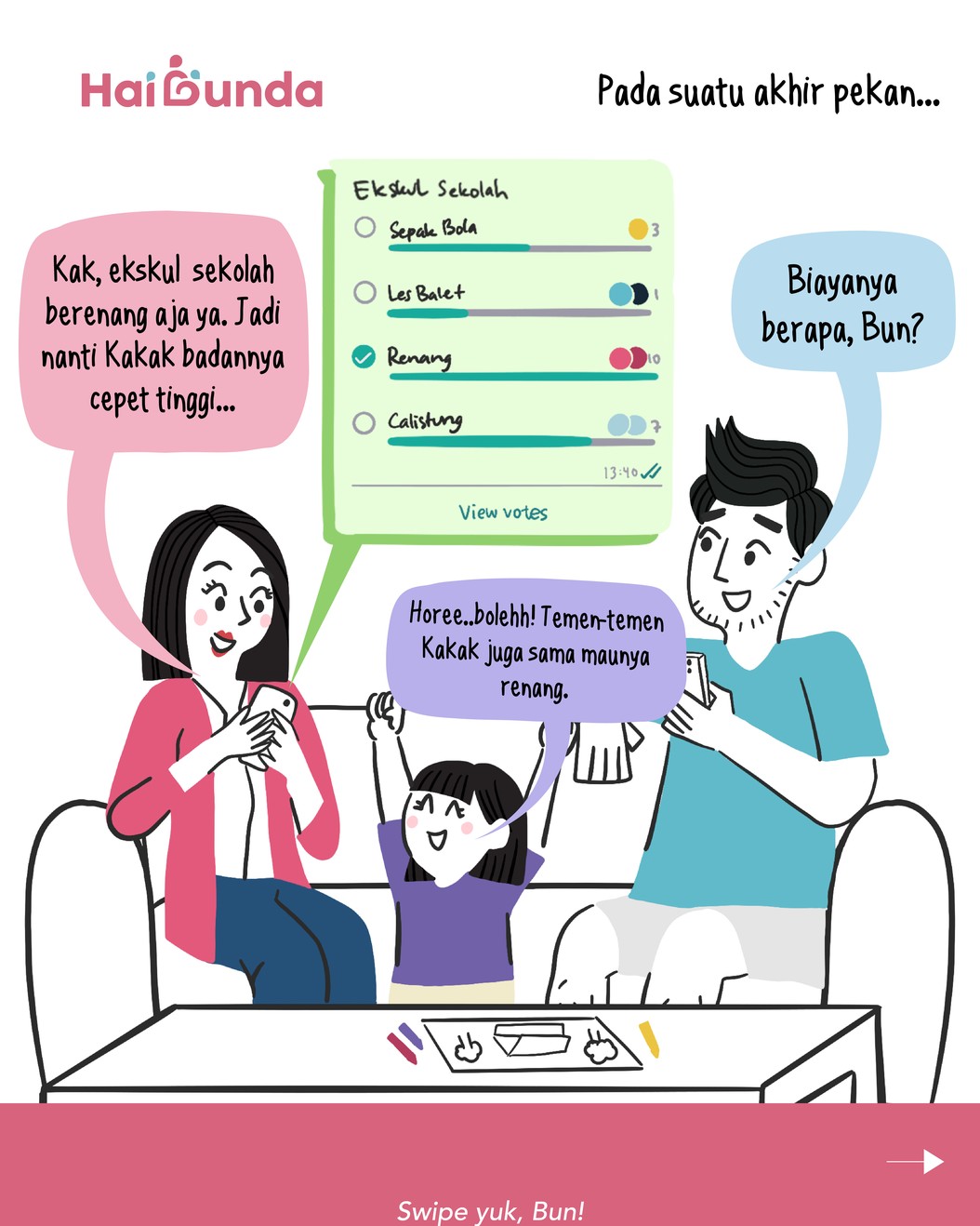 Bubun jadi senewen gara-gara kemanjaan Si Kakak nih. Kakak yang awalnya setuju untuk ekskul renang, berubah pikiran saat hari H. Simak ceritanya!