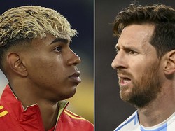 (COMBO) This combination of file pictures created on November 14, 2025, shows Spainís forward #19 Lamine Yamal (L) walking onto the pitch prior to the UEFA Nations League semi-final football match between Spain and France in Stuttgart, southwestern