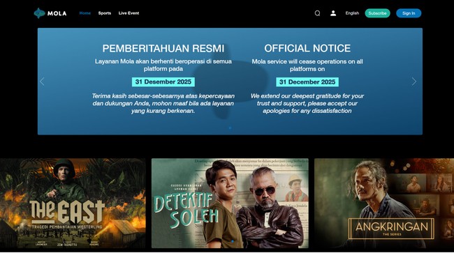 Mola TV menyampaikan bakal berhenti beroperasi di semua platform pada 31 Desember 2025.